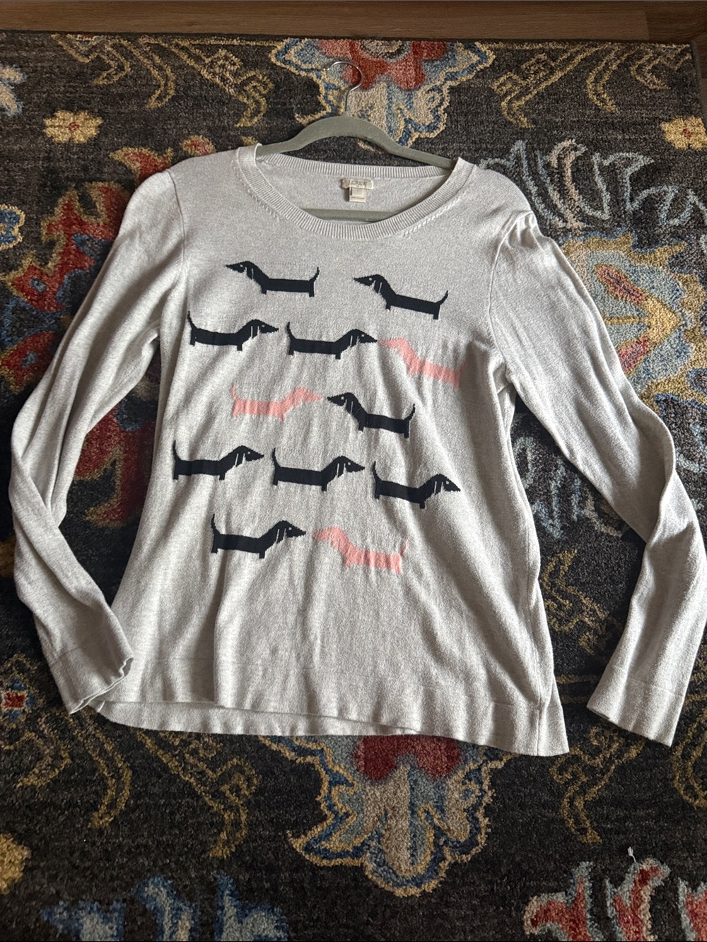 J. Crew Light Gray Sweater with Navy and Pink Dachshund Motif